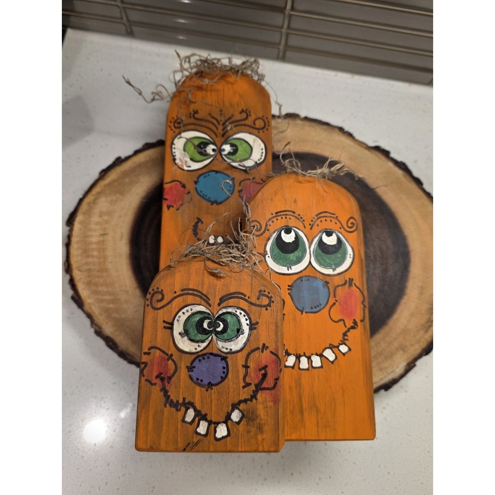 Vintage Halloween Pumpkins Solid Wood Tree Stump Hand Painted Jack O Lanterns